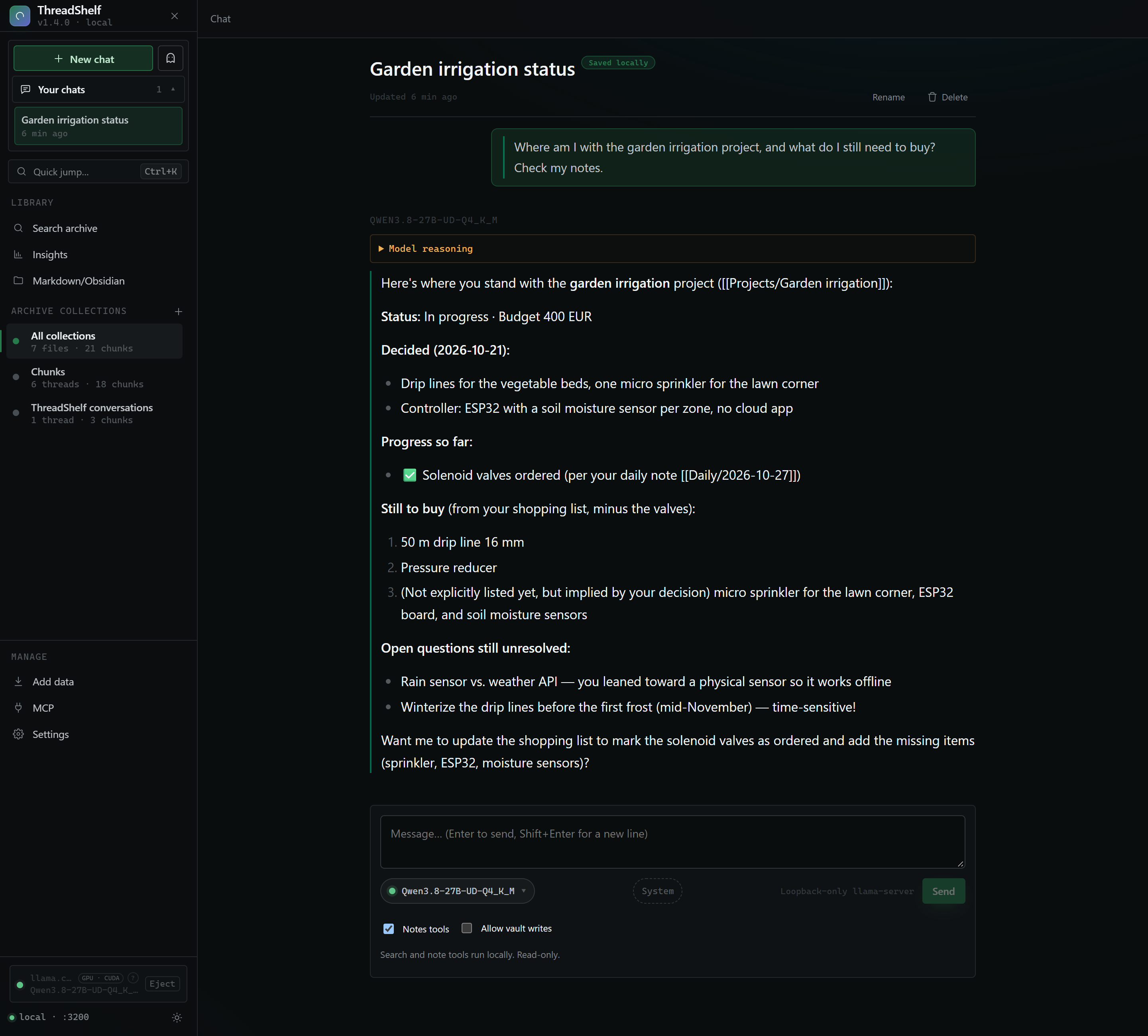 A local model answering from Obsidian notes